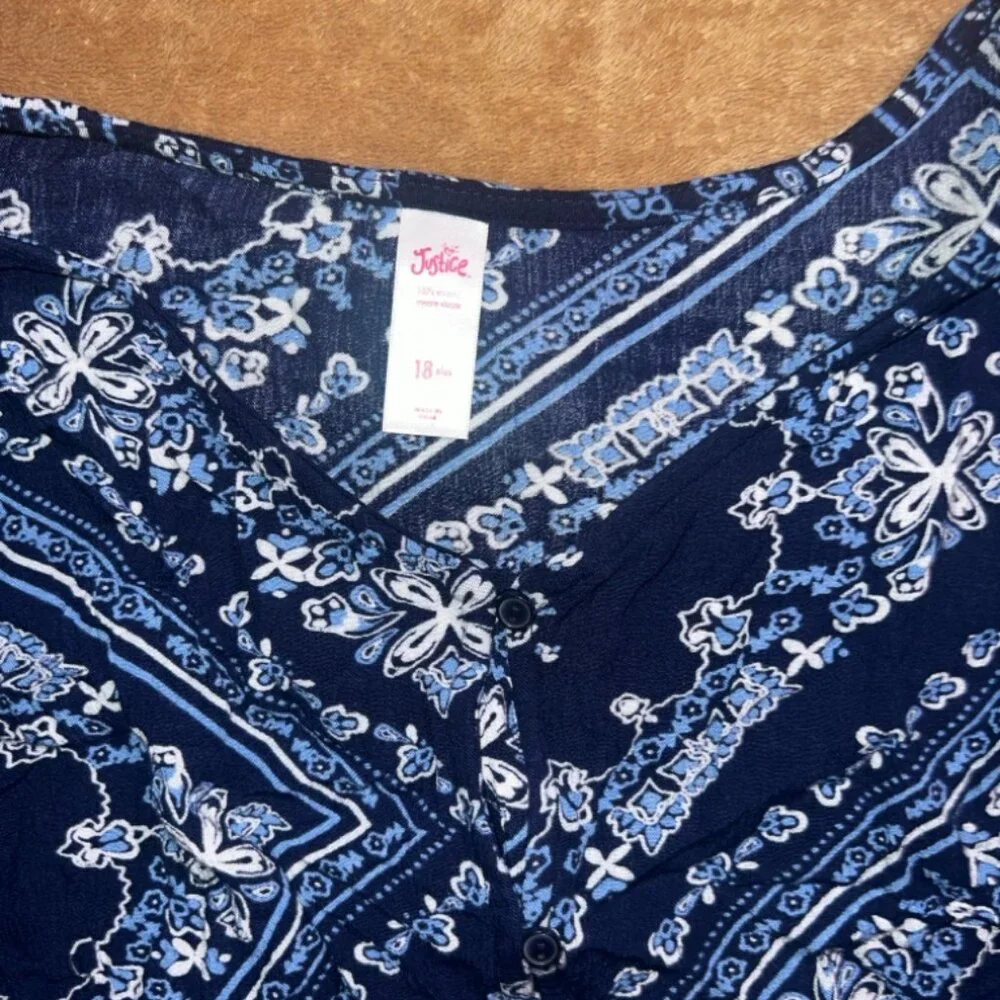Justice Girls 18 Plus Blue Floral Long Bell Sleeve‎ Button Tie Hem Blouse Top